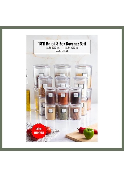 Bezos 18'li Barok Yuvarlak 3 Boy Kavanoz Seti & Saklama Kabı & Erzak Kabı 6 2000 Ml, 6 1000 Ml ,6 500 Ml Bezos1