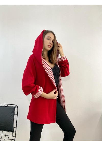 Mois Atelier Kazayağı Detaylı Kırmızı Triko Hırka, Tasarım, Hediye, Büyük Beden, Tesettür Kırmızı