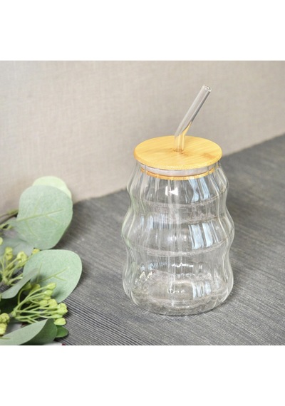 Paçii Bambu Kapaklı Pipetli Çizgili Bardak - Açık Kahverengi / Şeffaf - 450 Ml Renkli