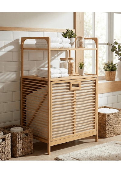 Bambu Kirli Sepetli 2 Raflı Çok Amaçlı Banyo Düzenleyici Çamaşır Sepeti Organizer 64 40 95cm Bej