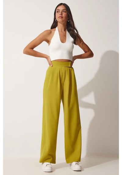 Trend Alisse Kadın Beli Cırt Cırtlı Pileli Bol Paça Palazzo Pantolon Wide Leg Yağ Yeşili Trend Alisse Kadın Beli Cırt Cırtlı Pileli Bol Paça Palazzo Pantolon Wide Leg Yağ Yeşili