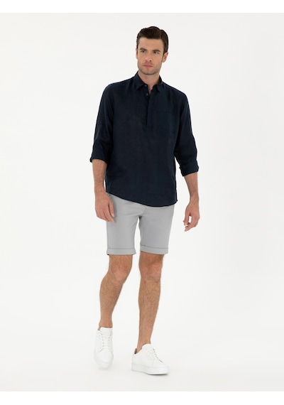 Cacharel Lacivert Slim Fit Yarım Düğmeli %100 Keten Gömlek