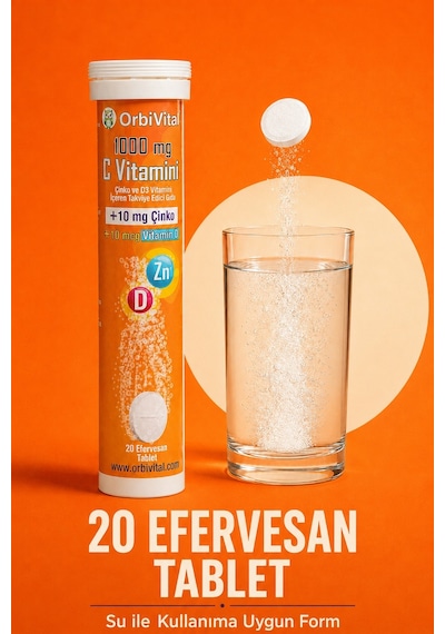 Orbivital C Vitamini 1000 Mg + Çinko + D3 Vitamini Efervesan Tablet 20'li