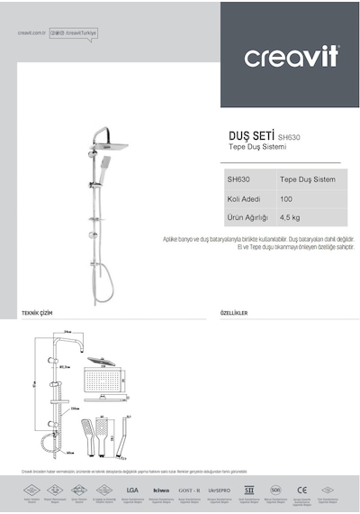 Creavit SH630 Tepe Duş Sistemi Kendinden Temizleyicili (Kare) Krom
