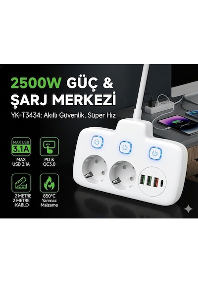 Plentiful 2500w Güçlü Akım Korumalı 3 Usb + Type-c Portlu Çoklu Priz Hızlı Şarj, Çocuk Kilidi, 850 C Yanmaz Malzeme 2