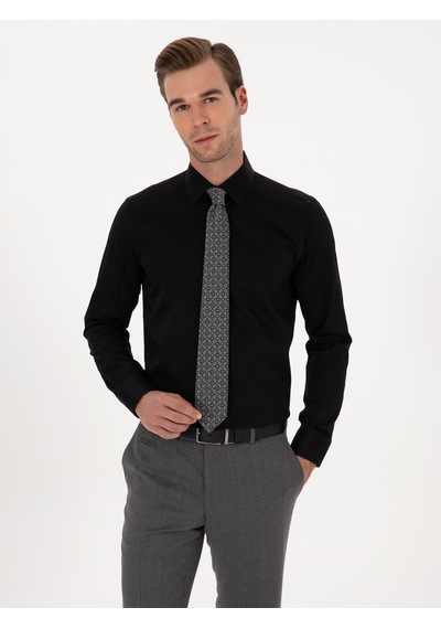 Cacharel Siyah Slim Fit %100 Pamuk Klasik Gömlek