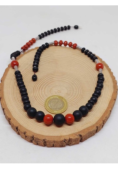 Kırmızı Jasper Taşı & Oniks Taşı Tasarım Unisex Kolye 54416