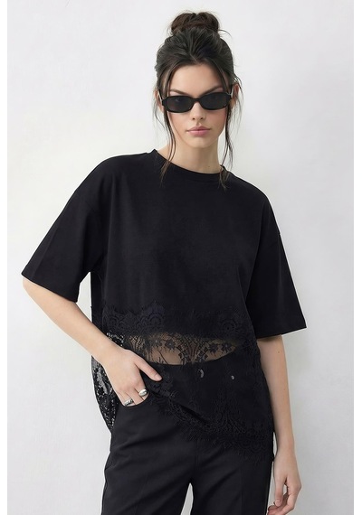 Shade Kadın Bisiklet Yaka Dantel Detaylı Rahat Kalıp T-shirt 1074 60286064 - Siyah