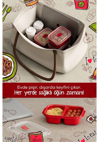 Kapaklı 3 Lü Mikrodalgaya Uygun Dikdörtgen Saklama Kabı Seti - 500 Ml Kırmızı