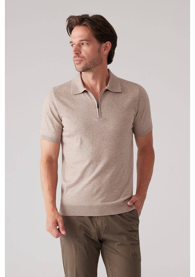Erkek Vizon Slim Fit Yarım Fermuarlı Pamuk-kaşmir Polo Tişört