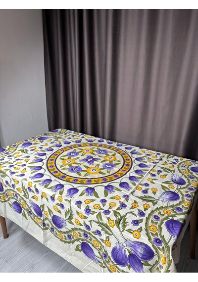 Kolay Temizlenebilir Renkli Cıvıl Cıvıl Desenli Masa Örtüsü 170x170 Cm Lila