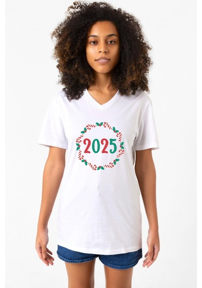 Christmas Holiday Wreath Beyaz Kadın V Yaka Tshirt Beyaz