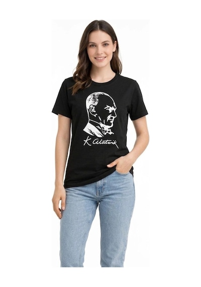 Wear Vexel Kadın Atatürk Baskılı Tişört Kısa Kollu Bisiklet Yaka T-shirt - Siyah Siyah