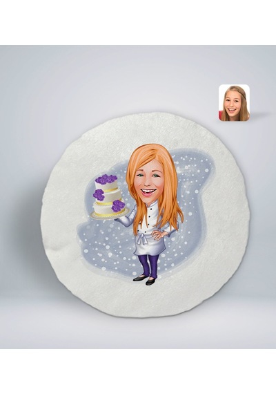 Bk Gift Kişiye Özel Kadın Chef Karikatürlü Yuvarlak Araç Koltuk Yastığı-2 Beyaz