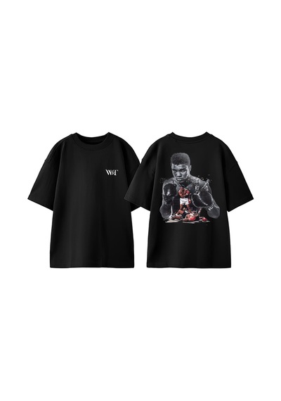 Thewert Muhammed Ali Boks Tasarım Sırt Baskılı Pamuk Siyah Oversize T-shirt