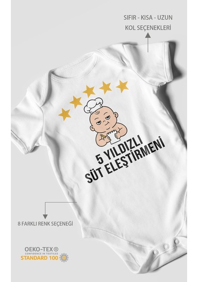 5 Yıldızlı Süt Eleştirmeni Baskılı Bebek Zıbını Çıtçıtlı Body 8 Renk %100 Pamuk Kısa Kol Beyaz