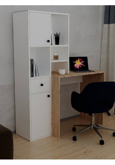 Smyrna Dolaplı Raflı Çekmeceli Kitaplıklı Çalışma Masası Beyaz & Atlantik Çam Beyaz - Atlantik Çam Smyrna Dolaplı Raflı Çekmeceli Kitaplıklı Çalışma Masası Beyaz & Atlantik Çam Beyaz - Atlantik Çam