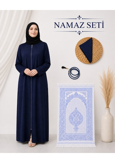 Bilenler Kadın Namaz Seti Fermuarlı Viskon Namaz Elbisesi Örtü İnci Tesbih Seccade M1001 Lacivert