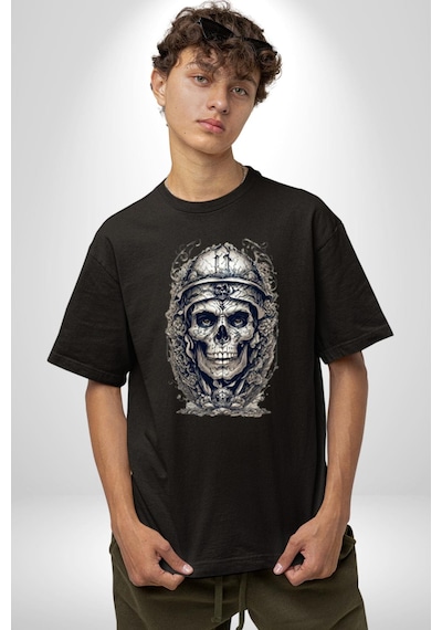 Kask Miğfer İskelet Asker Pamuklu Bisiklet Yaka Unisex Oversize Boyfriend Dijital Baskılı Siyah T-shirt Siyah