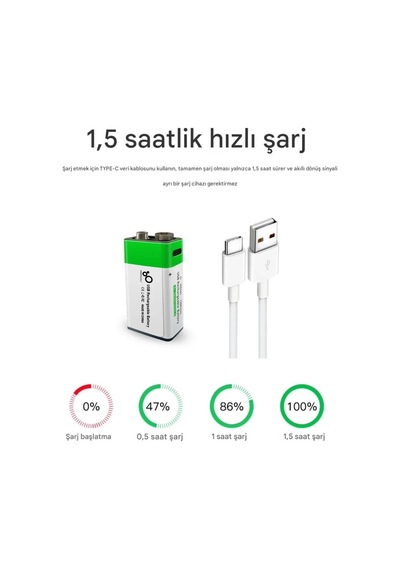 Type-c Şarj Edilebilir Li-ion 9v 650mah Pil