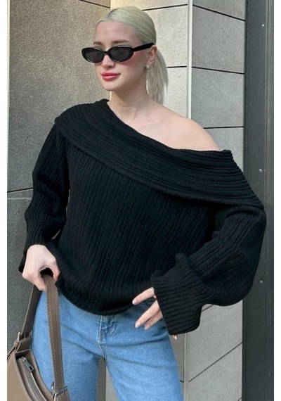 Madmext Siyah Madonna Yaka Kadın Kazak Mg2274 Siyah