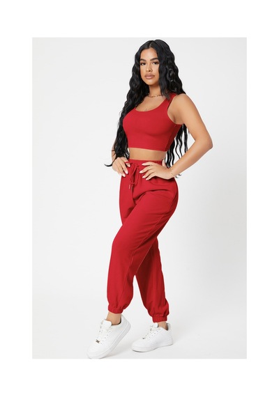 Fantezia Night Kadın Siyah Kaşkorse Cepli Jogger Eşofman Altı Ve Crop Top Bluz Kırmızı