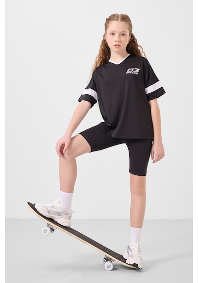 Tommylife Siyah V Yaka Kemer Detaylı Standart Fit Performans Kız Çocuk Tayt Takım - 75187 Siyah