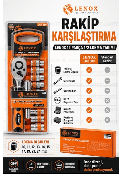 12 Parça 1/2" Lokma Takımı Cr-v Çelik Cırcırlı Kol Oto, Motosiklet Ve Ev Tamiri İçin Profesyonel