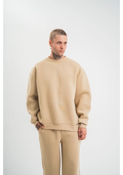 Erkek Uzun Kol Bisiklet Yaka 3 İplik Pamuklu Kışlık Sweatshirt - Bej