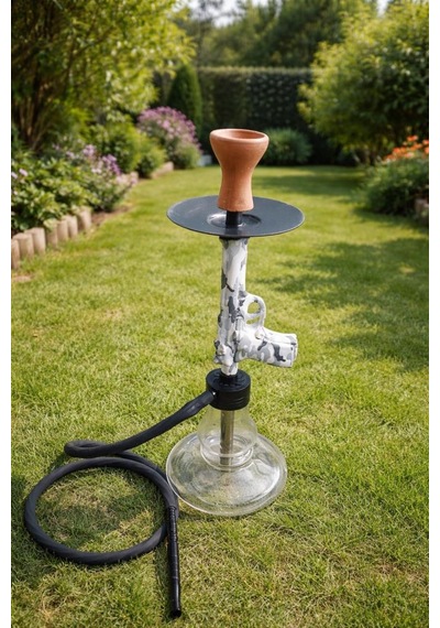 Modern Cam Nargile Takımı 55 Cm Şeffaf Taban 19 Cm Seramik Lüleli, Kalın Hortumlu Premium Nargile Seti