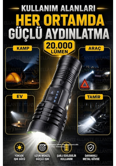 20.000 Lümen Süper Güçlü El Feneri Şarj Edilebilir Uzun Menzil Led Fener Güçlü Aydınlatma Çok Renkli