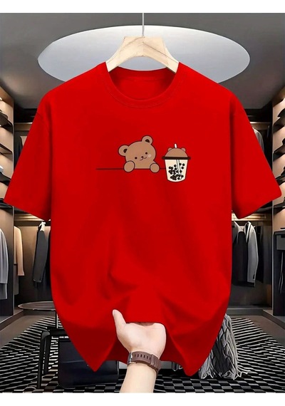 Bear Bubble Tea Baskılı Oversize Süprem T-shirt Kırmızı-282963