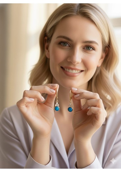 925 Ayar Papatya Silver Mavi Opal Taşlı Küpe.rose.gold.rodaj Gümüş