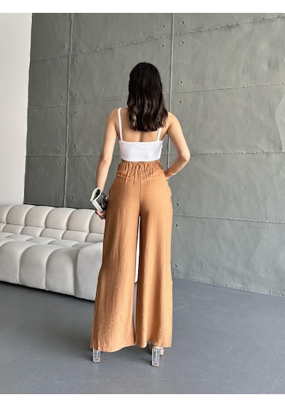 Eke Tekstil Kadın Camel Keten Paçaları Yırtmaçlı Pantolon-camel Camel