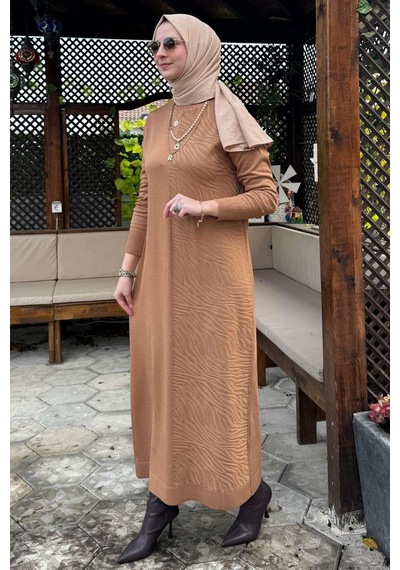 Rabia Şamlı Zebra Desen Triko Elbise Camel Normal