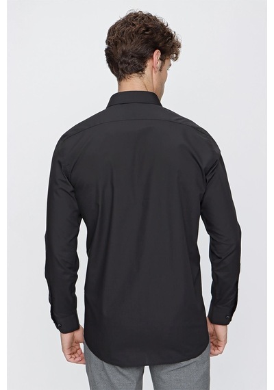İmza Siyah Uzun Kollu Sert Yaka Cepli Pamuklu Basic Comfort Fit Rahat Kesim Gömlek 1004240051-siyah Siyah