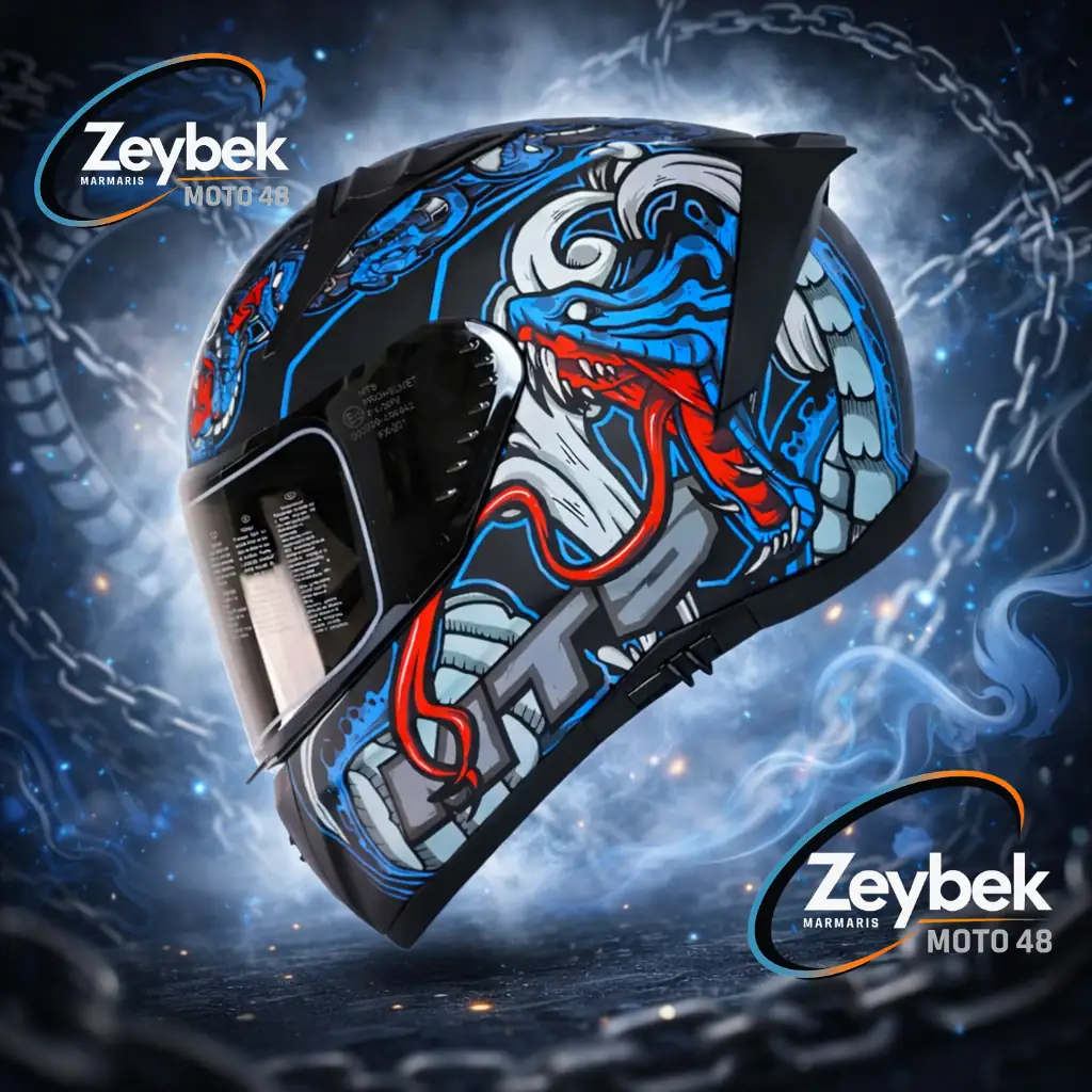M-801 Snake Myth Blue Full Face Kask Fiber, Güneş Vizörlü, Dot-ce Onaylı Snake Myth Blue