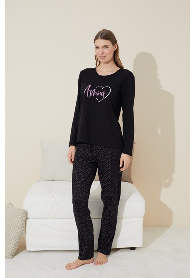 Siyah İnci Pamuklu Örme Pijama Takım 24240129 Siyah