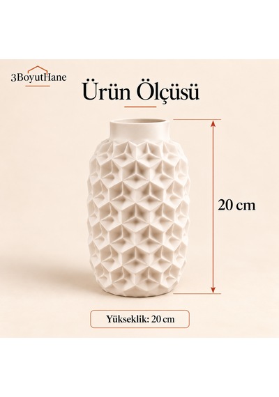 Dekoratif Vazo 20 Cm Geometrik Desenli Kuru Çiçek Ve Pampas Vazosu Beyaz