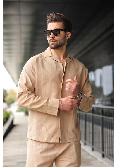 Madmext Bej Düğmeli Basic Erkek Gömlek Pantolon Takım E7335 Bej