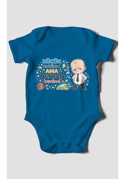 Morivokids Küçük Olabilirim Ama Patron Benim Kısa Kollu Bebek Body Koyu Mavi