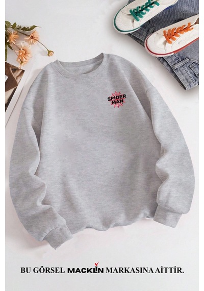 Macklin Unisex Kadın Erkek Marvel Spiderman Ön Ve Arka Tasarım Baskılı Bisiklet Yaka Sweatshirt Gri Mck1349 Gri
