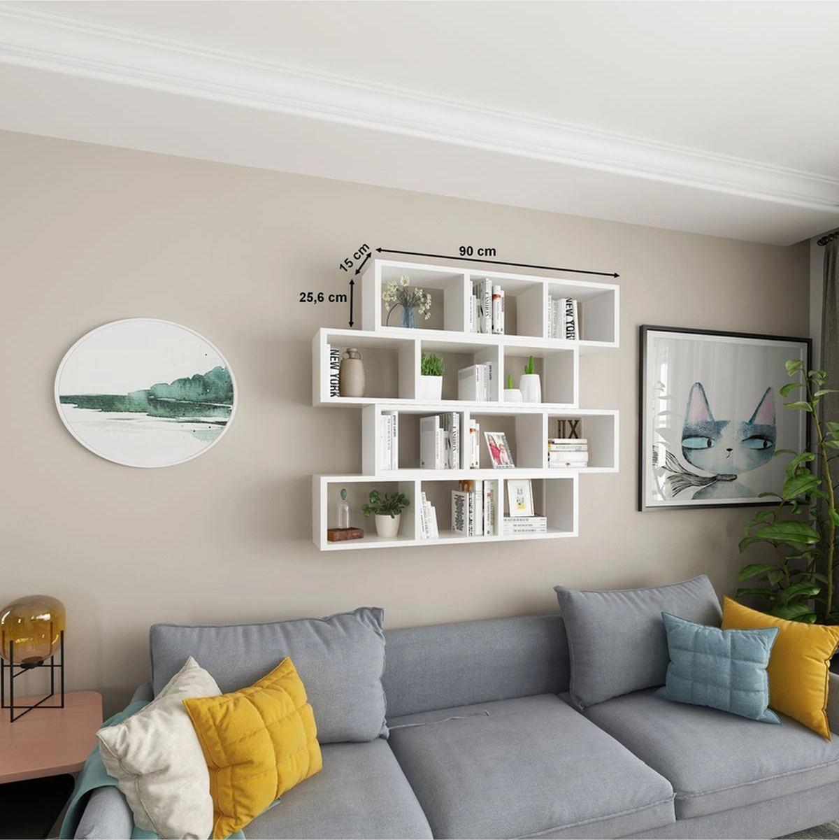 Kitaplık Modern Duvar Rafı Salon Yatay 4 Lü Takım Beyaz Beyaz