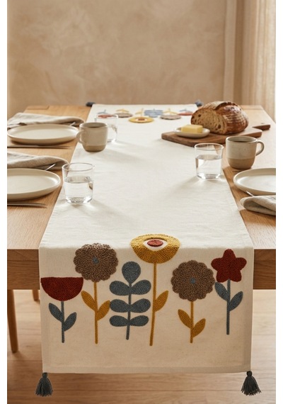 Botanik Rüya Renkli Punch Nakışlı Püsküllü Pamuk Runner 40x130 Cm Gri