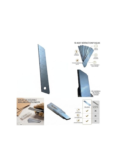 Maket Bıçağı Yedek Ağzı, Karbon Çelik, 18mm Genişlik, 0.5mm Kalınlık, 3 Aşamalı Bilenmiş Kenar, 10'lu Paket