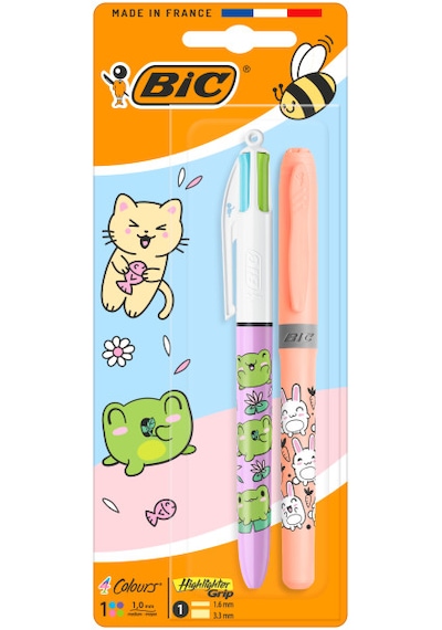 Bıc 4 Colours Kawaii Animals 4 Renkli Tükenmez Kalem + Fosforlu Kalem 2 Li Set Çok Renkli