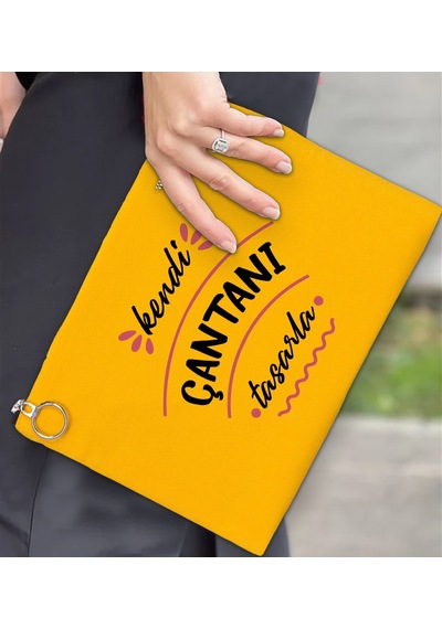 Bk Gift Kişiye Özel Kendin Tasarla Astarlı Portföy Sarı Çanta 30x21cm, Baskılı El Çantası, Organizer Çanta
