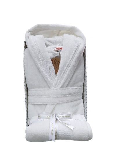 Super Soft Kapüşonlu Bornoz + Baş Havlusu- Beyaz