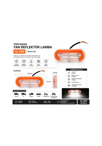Mega Oto Market 12-24v Sarı Yere Bakan Lamba Yan Reflektör Lamba Su Geçirmez Kamyon Tır Römork Uyumlu 1 Adet