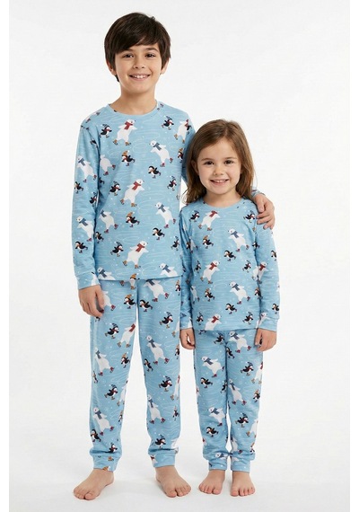 Zuzunga Unisex İnterlok Bebe Mavisi Yılbaşı Temalı Pijama Takımı Mavi
